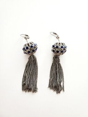 Silver Tassel Drop Earrings with Blue Accents